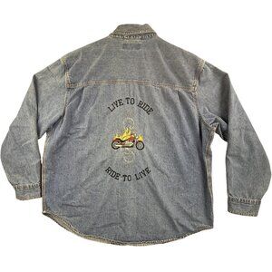 Vintage Signature Levis Denim Shirt Mens XL Blue Live To Ride Biker Embroidered